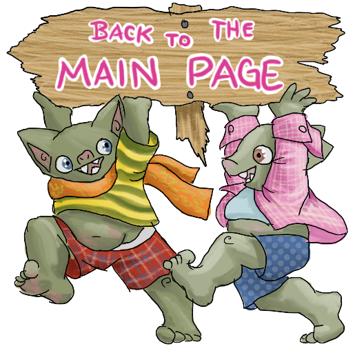 "Back to the Main Page", printed on a wooden signpost that has been stolen by two goblins.  The goblins are running and smiling, with ill-fitting and stolen clothing; a yellow and green striped polo, orange scarf, and blue boxers on the left goblin, and a pink jacket, blue training bra, and red boxers on the right goblin.